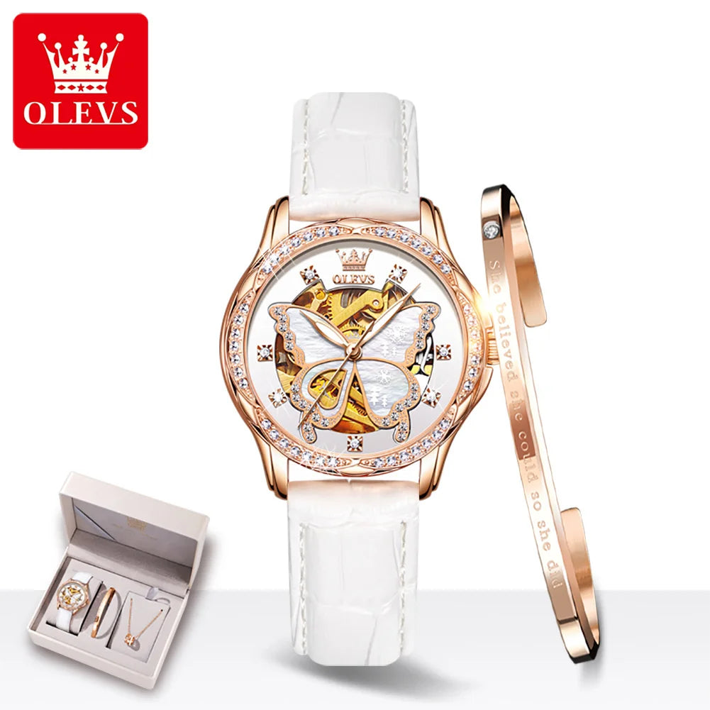 OLEVS 6622 Women's Watch Butterfly Dial Luxury Waterproof Mechanical Watch For Women Hollow Ceramic Strap Automatic Wristwatch