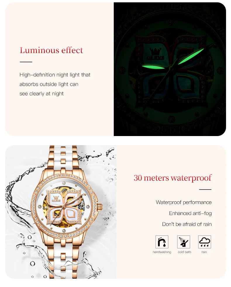 OLEVS 6612 Womens Watch Elegant Fashion Bezel Ceramic Strap Original Mechanical Watch Waterproof Luminous Butterfly Dial Ladies
