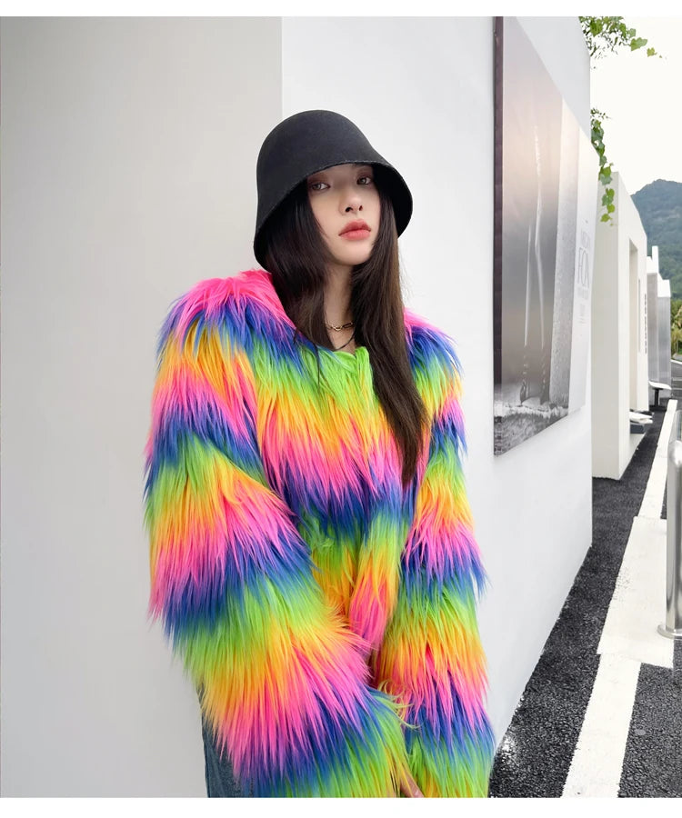 Women's Winter Rainbow Faux Fur Coat Lady Streetwear O Neck Long Sleeve Loose Fuzzy Warm Loose Outwear