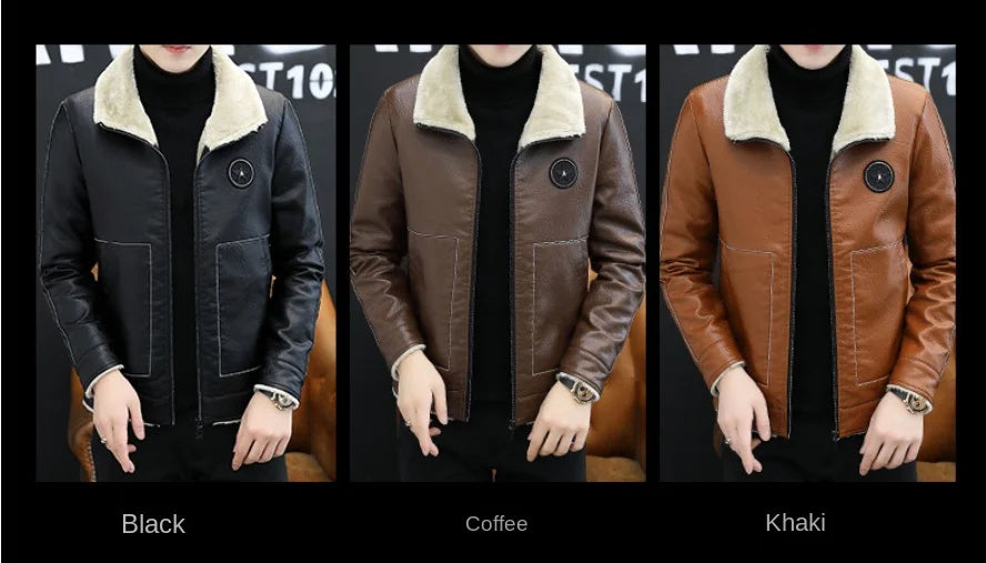 2026 Men's PU Leather Jacket Slim Fit Fur Collar Motorcycle Biker Jacket Warm Winter Coat for Men Windproof Zipper