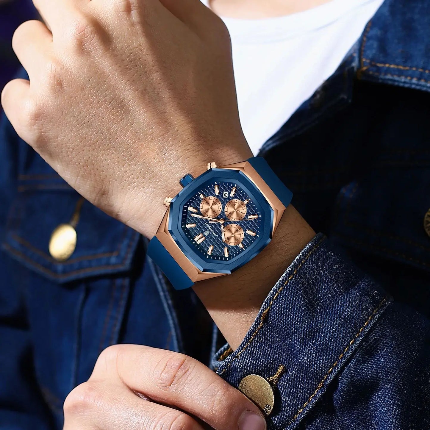 POEDAGAR Business Quartz Men's Wristwatch Chronograph Date Silicone Strap Man Watch Waterproof Military Luminous Watches For Men