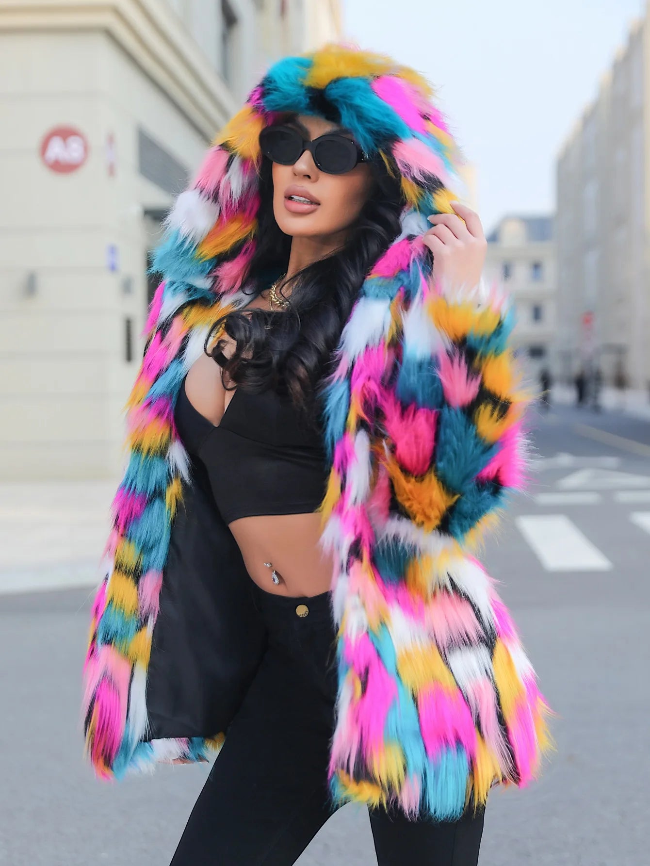 Women's Bold Warm Faux Fur Jacket Thicken Hooded Hidden Button Casual Loose Soft Color Blocking Outwear Winter Chic  Coat