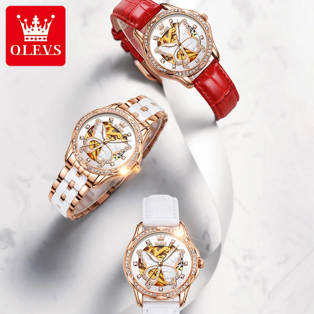 OLEVS 6622 Women's Watch Butterfly Dial Luxury Waterproof Mechanical Watch For Women Hollow Ceramic Strap Automatic Wristwatch