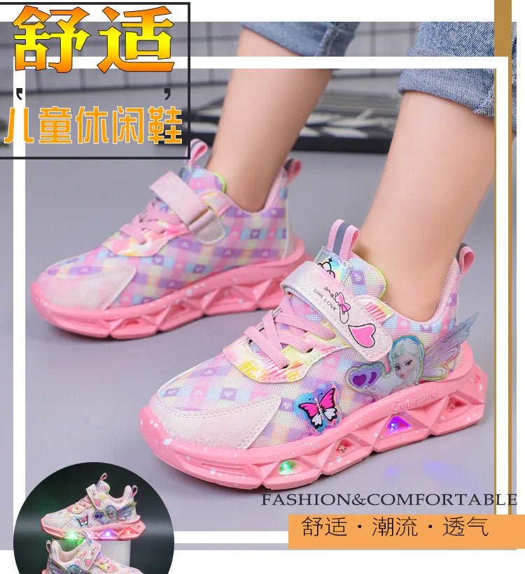 Disney Children's Sports Shoes Led Lights Sneaker Cartoon Frozen Princess  Elsa PU Leather Girls' Pink Children's Running Shoes