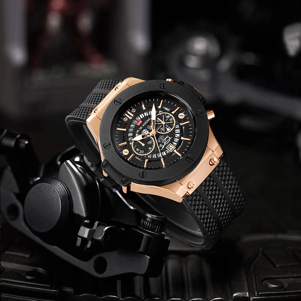 Black Silicone Mens Hand 46mm Hollowed Out Large Dial Rose Gold Fashionable Military Style Original Quartz Movement Sports Watch
