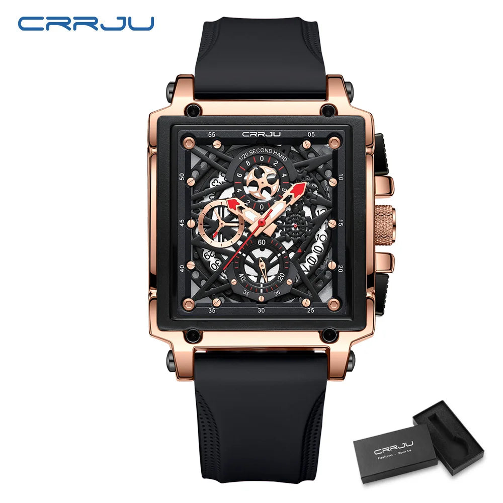 CRRJU Men's Sports Chronograph Wrist Watch For Men Army Silicone strap Square Quartz Stop Watch Clock Man Relogios Masculino