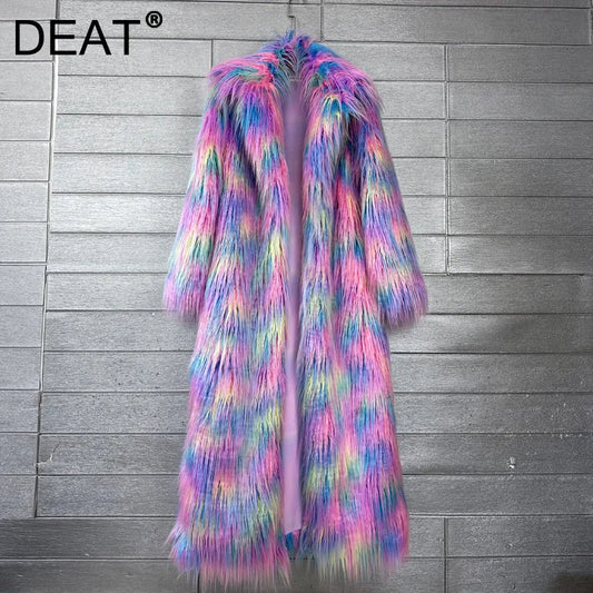 DEAT 2025 Winter New Items Imitation Colorful Long Coat For Women Faux Fur Suit Collar Long Sleeve Trench Jacket Female 11A05577