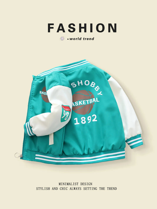 Spring - Autumn Boys' Baseball Jackets with Basketball Pattern, Suitable for 3 - 10 Year Olds, Unhooded Style