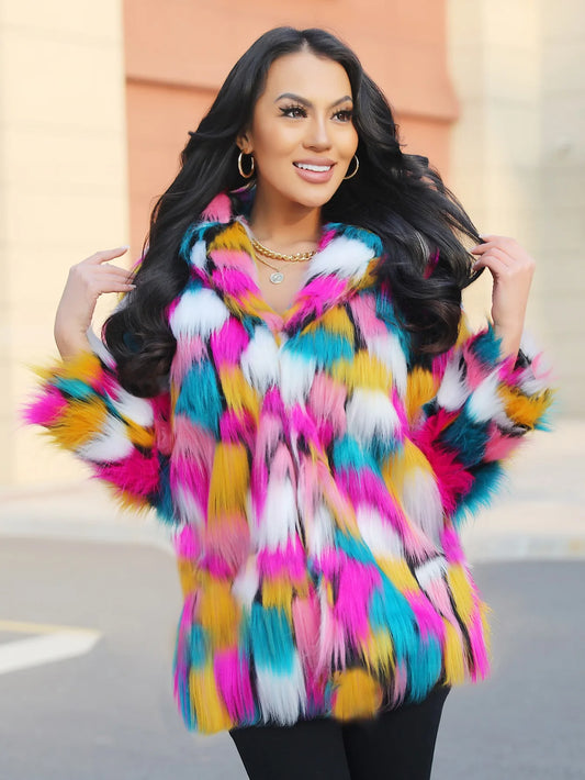 Women's Bold Warm Faux Fur Jacket Thicken Hooded Hidden Button Casual Loose Soft Color Blocking Outwear Winter Chic  Coat