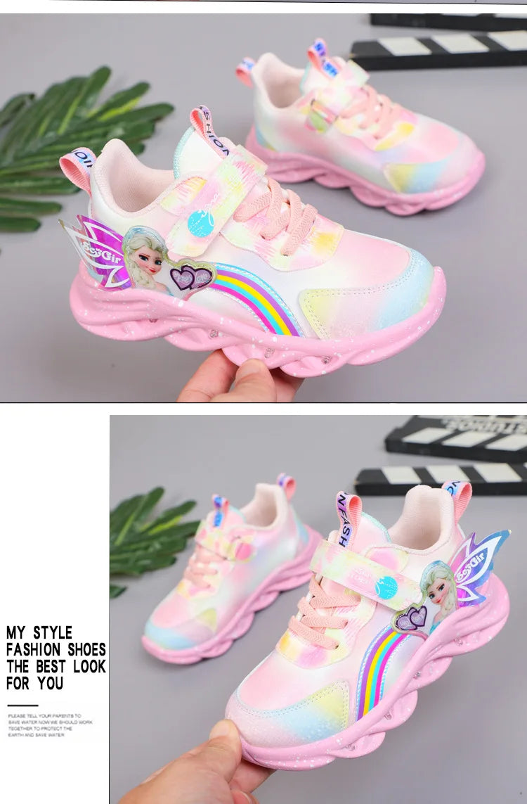 Disney Girls' Casual Shoes Led Lights Mesh Breathable Children's Sports  Princess Elsa Pink Purple Shoes Sneakers Size 22-37