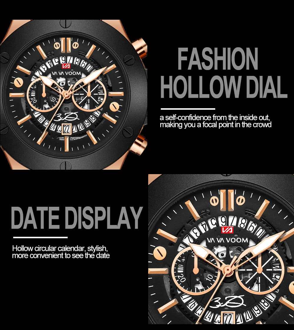 Black Silicone Mens Hand 46mm Hollowed Out Large Dial Rose Gold Fashionable Military Style Original Quartz Movement Sports Watch