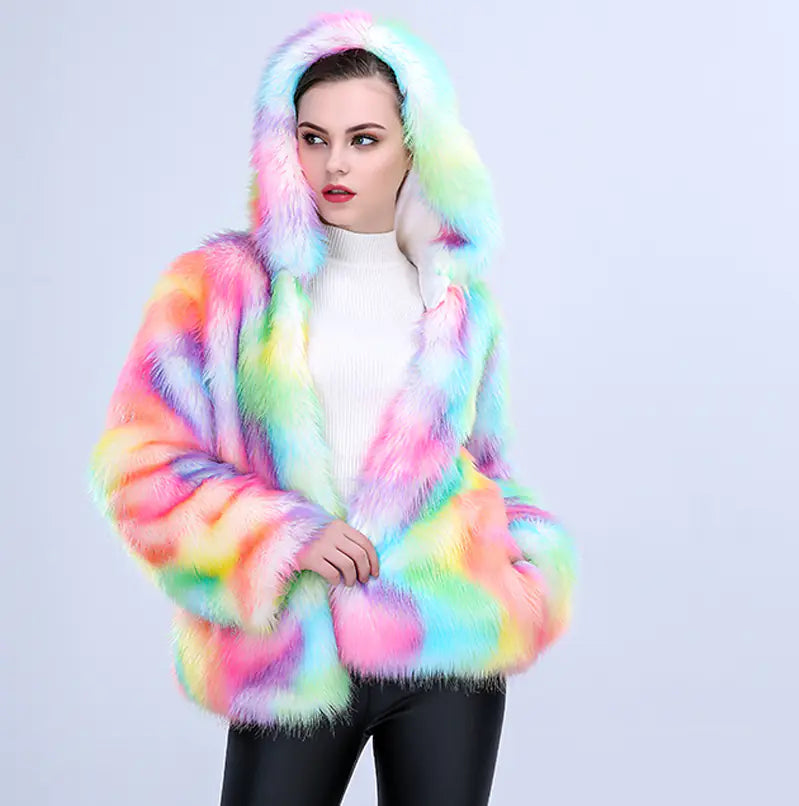 Colorful Faux Fur Hooded Short Coat for Women