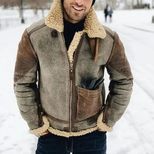 Winter Casual Fur Leather Jacket with Lapel Zipper