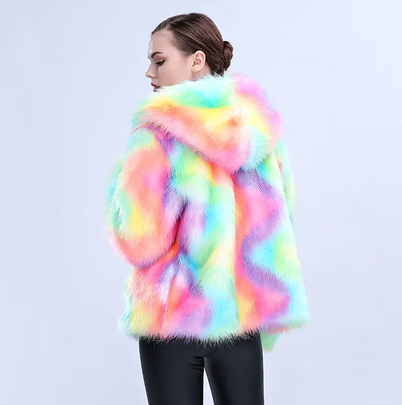 Colorful Faux Fur Hooded Short Coat for Women