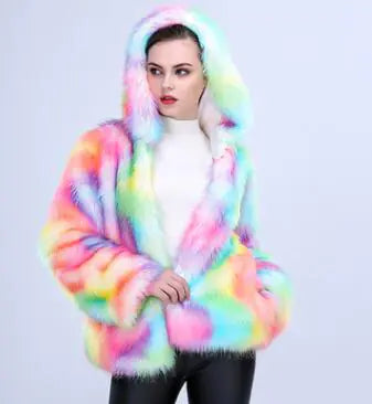 Faux Fur Coat with Colorful LED Lights for Women