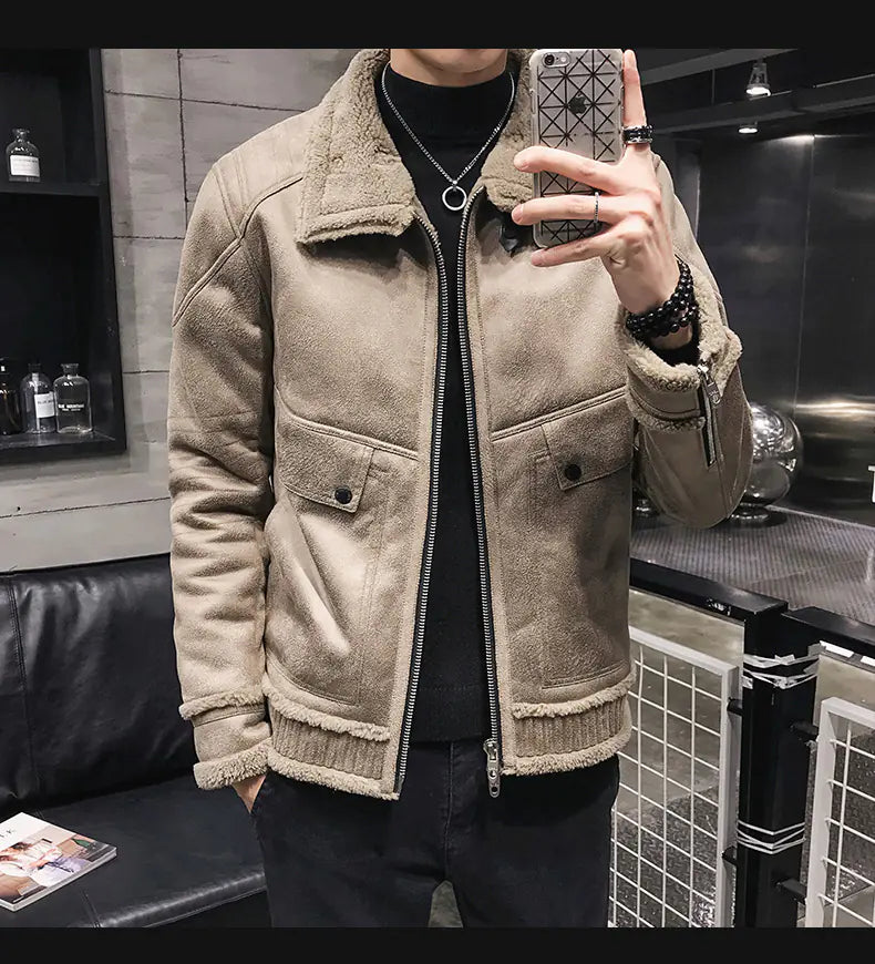 Men's Plus Size PU Leather Cotton Jacket with Fur Collar