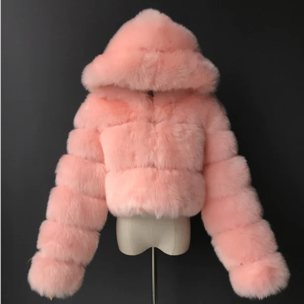 Short Hooded Faux Fur Jacket for Women