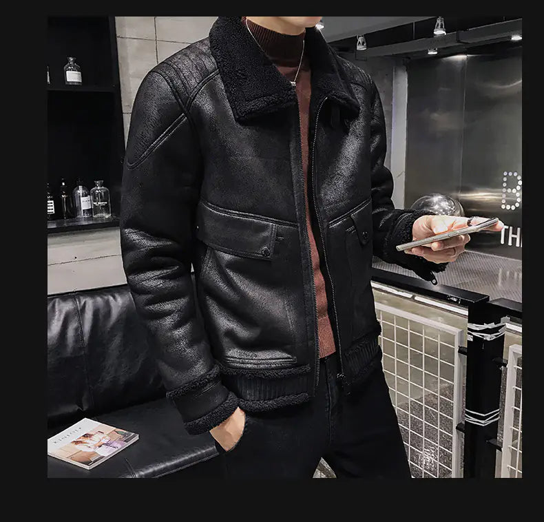 Men's Plus Size PU Leather Cotton Jacket with Fur Collar