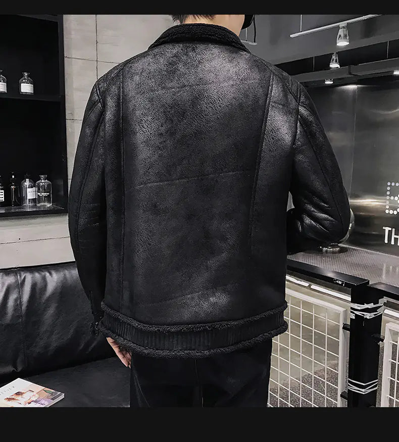 Men's Plus Size PU Leather Cotton Jacket with Fur Collar