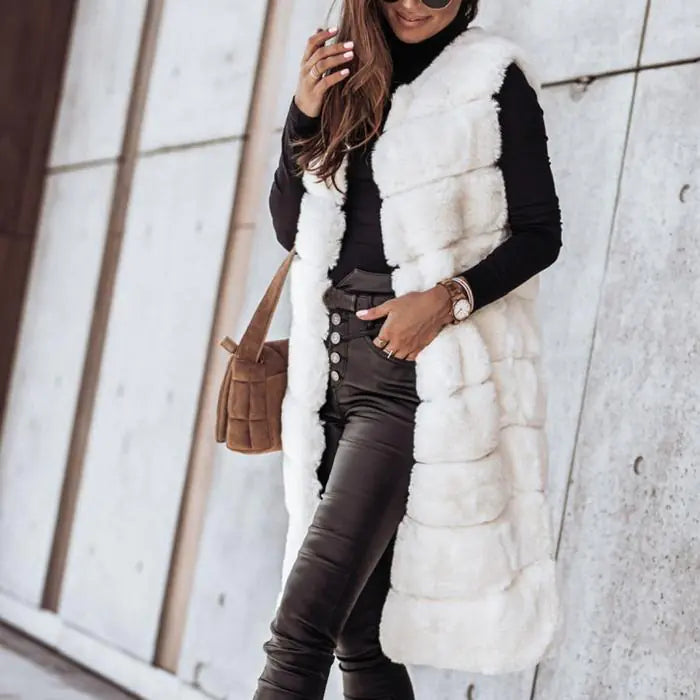 Long Round Neck Fur Vest Jacket
