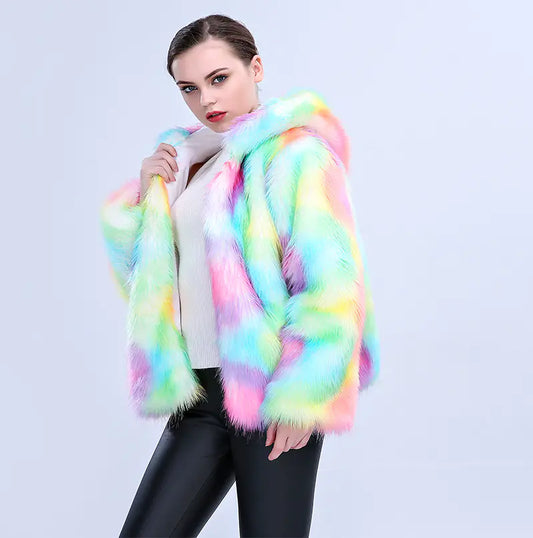 Colorful Faux Fur Hooded Short Coat for Women