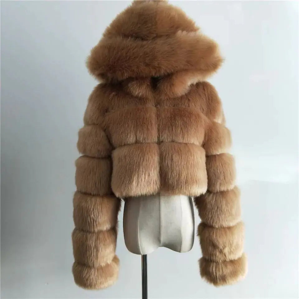 Short Hooded Faux Fur Jacket for Women