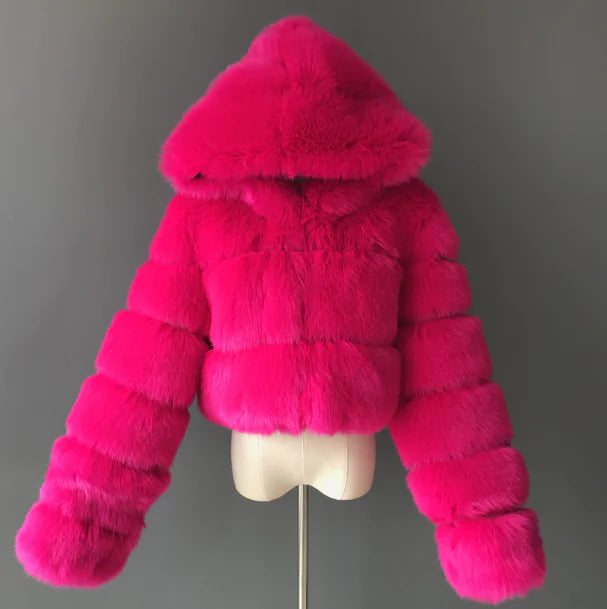Short Hooded Faux Fur Jacket for Women