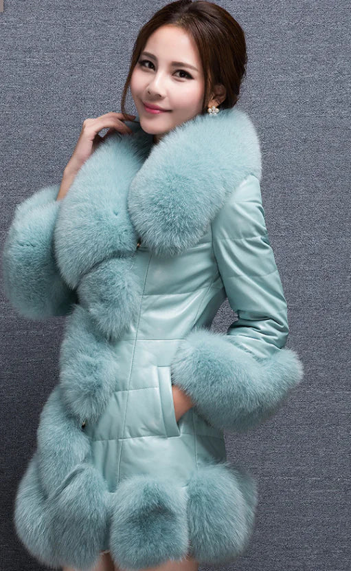 Slim Fit Mid-Length Faux Fur Coat with Fox Fur Collar