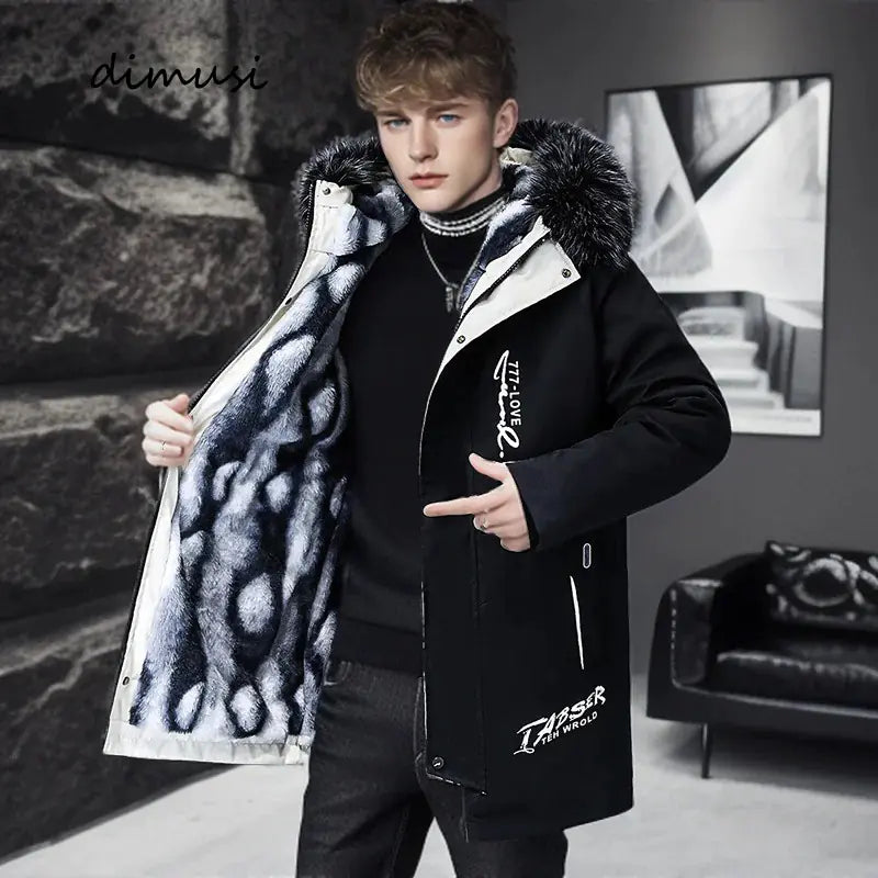 DIMUSI Men's Winter Long Jacket with Classic Fur Lining