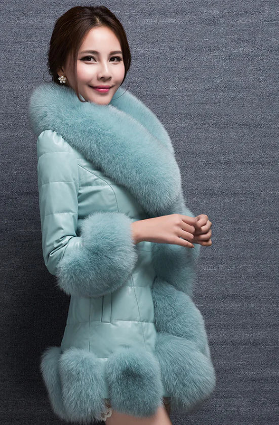 Slim Fit Mid-Length Faux Fur Coat with Fox Fur Collar