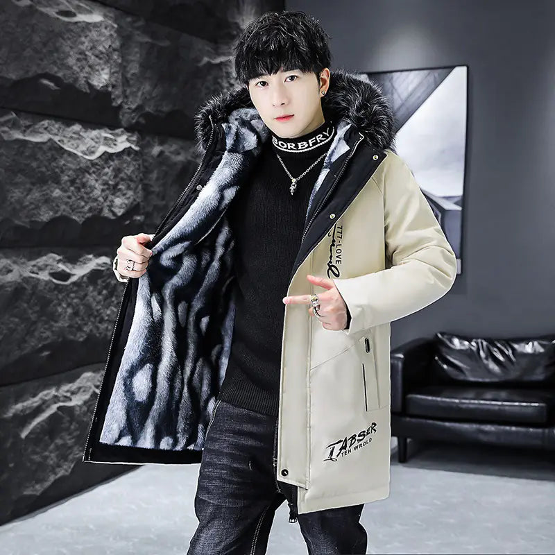 DIMUSI Men's Winter Long Jacket with Classic Fur Lining