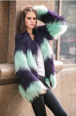 Faux Fur Women's Coat with Color Block Design
