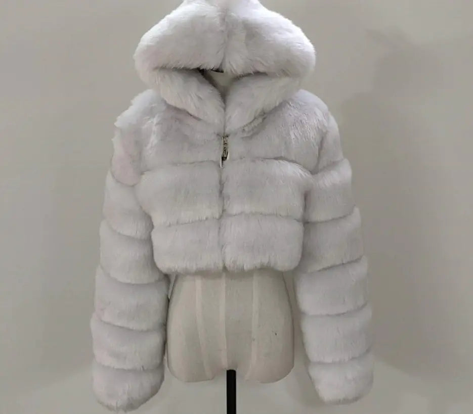Short Hooded Faux Fur Jacket for Women