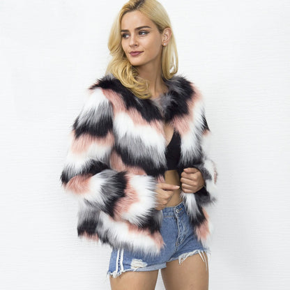 Color Block Faux Fur Short Jacket