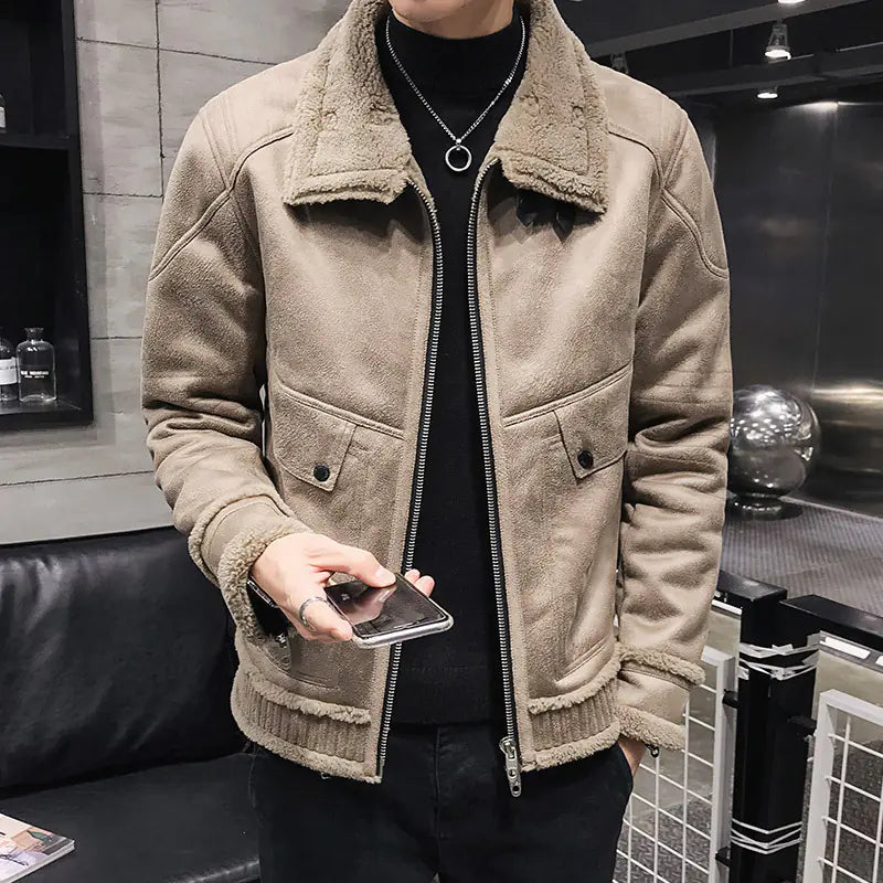 Men's Plus Size PU Leather Cotton Jacket with Fur Collar