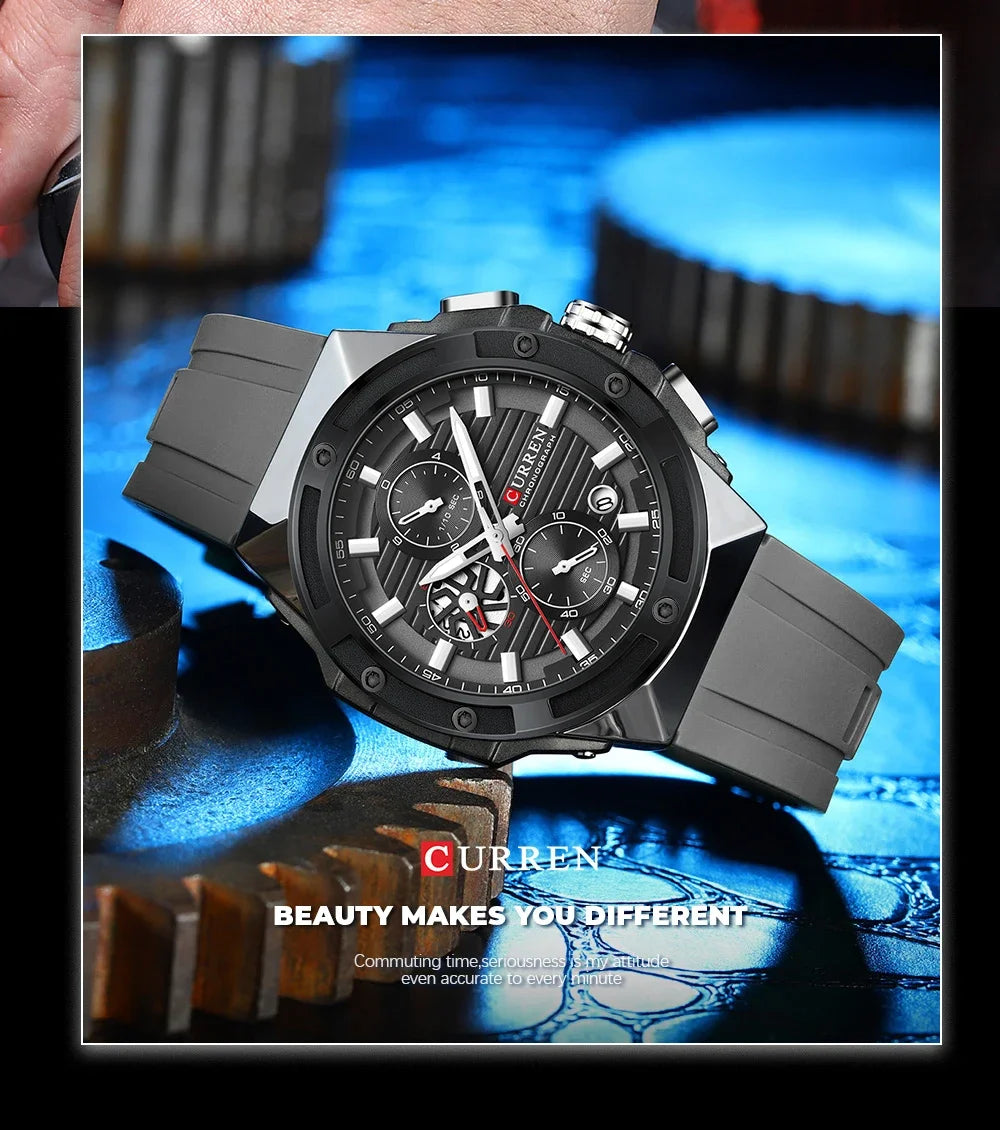 CURREN Fashionable Sports Multifunctional Chronograph Quartz Watch with Silicone Strap Creative Design Dial Luminous Hands