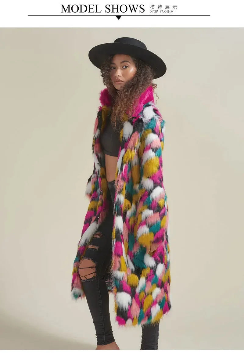 Women Faux Fur Long Coat Rainbow Colorful Faux Fox Fur Autumn Winter Lady Fashion Street Warm Quality 2023 Cloth Lugentolo