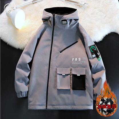 Zipper Jacket Men's Pilot Hooded Jacket Spring/Autumn Baseball Uniform Tide Card Loose Pullover Front Pocket Adding velvet Coat