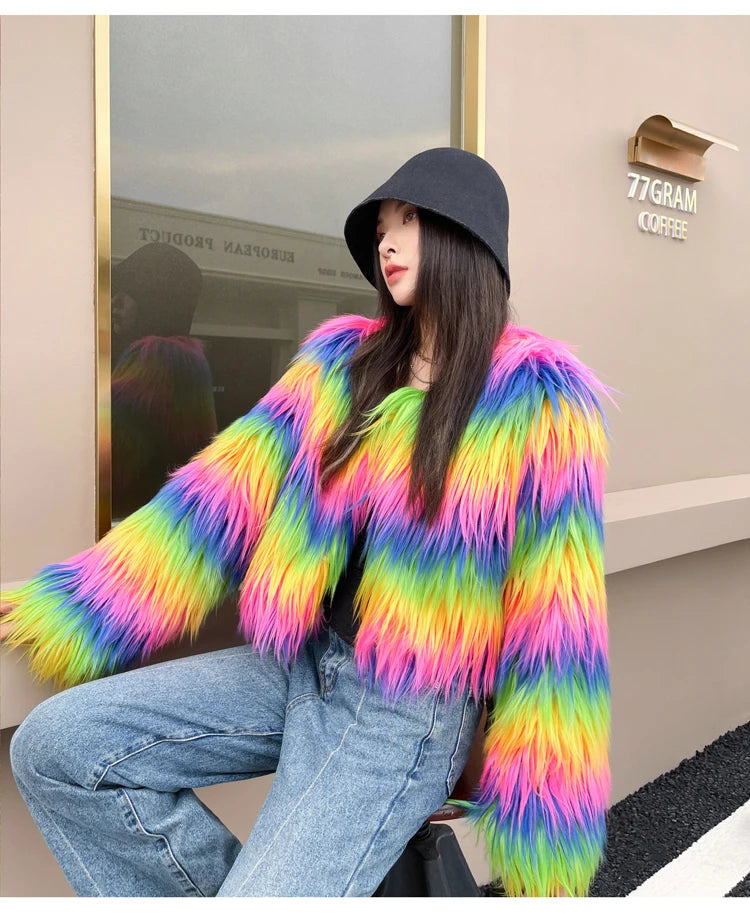 Women's Winter Rainbow Faux Fur Coat Lady Streetwear O Neck Long Sleeve Loose Fuzzy Warm Loose Outwear