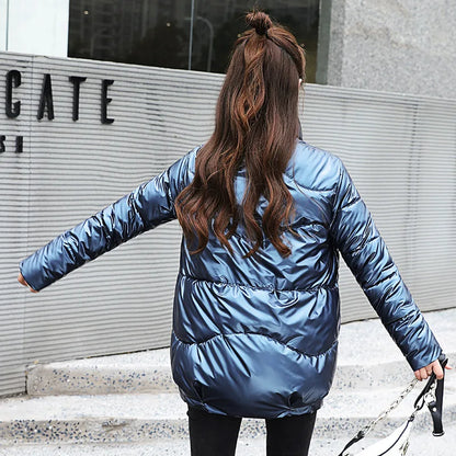 Glossy Down Women's Cotton Jacket Winter Slim Fit Stand Collar Parka Jacket Woman Casual Zipper Up Thick Warm Parkas Mujer