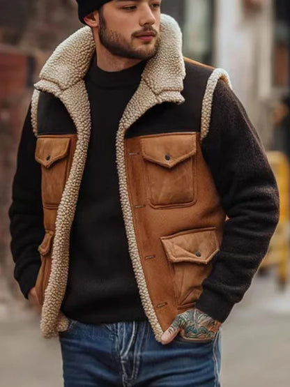 Retro Men's Cardigan Trendy Vest Jacket 2025 New Zipper Pocket Warm Jacket Vest Fashion Blocked Sleeveless Jacket Men Clothing