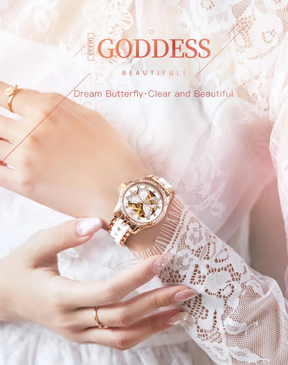 OLEVS 6622 Women's Watch Butterfly Dial Luxury Waterproof Mechanical Watch For Women Hollow Ceramic Strap Automatic Wristwatch