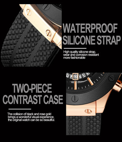 Black Silicone Mens Hand 46mm Hollowed Out Large Dial Rose Gold Fashionable Military Style Original Quartz Movement Sports Watch