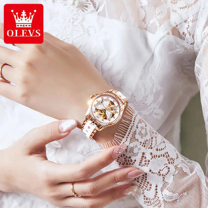 OLEVS 6622 Women's Watch Butterfly Dial Luxury Waterproof Mechanical Watch For Women Hollow Ceramic Strap Automatic Wristwatch