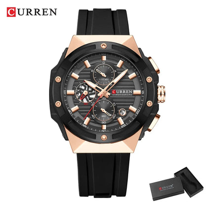 CURREN Fashionable Sports Multifunctional Chronograph Quartz Watch with Silicone Strap Creative Design Dial Luminous Hands
