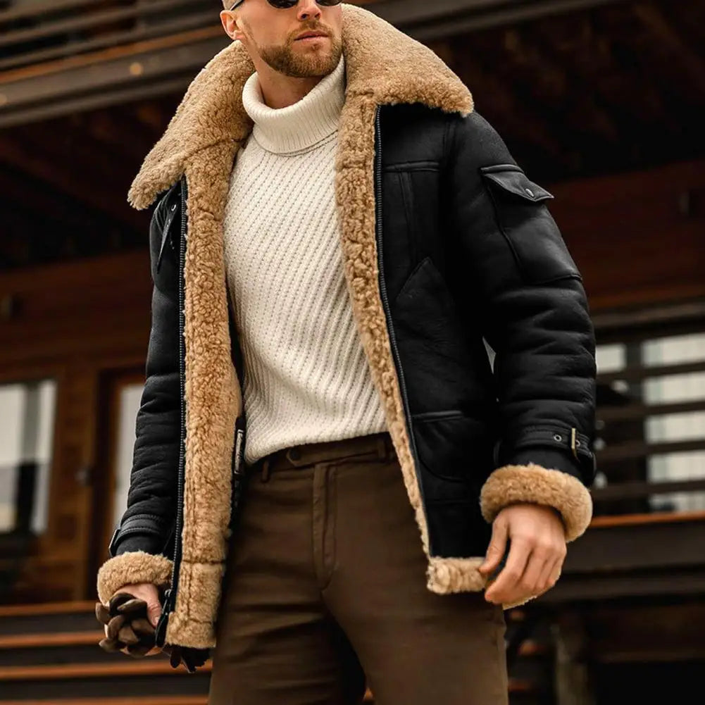 Faux Fur Faux Leather Men Jacket Vintage Lapel Thickened Plush Lining Winter Men Jackets Furry Coldproof Keep Warm Winter Coat