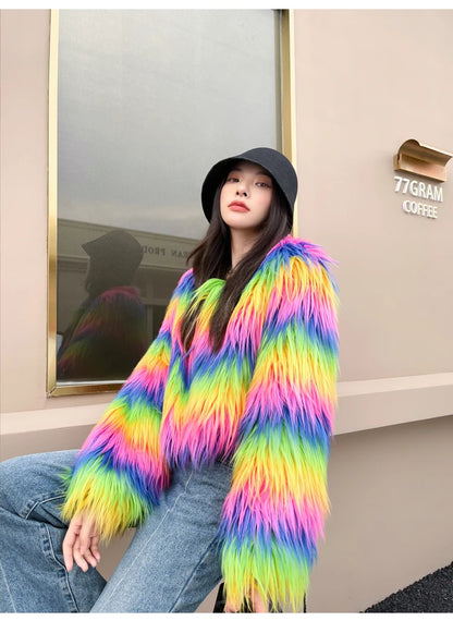 Women's Winter Rainbow Faux Fur Coat Lady Streetwear O Neck Long Sleeve Loose Fuzzy Warm Loose Outwear