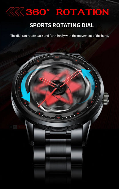 2025 New Watch Car Series Creative Rotating Quartz Movement Sports Style Black Stainless Steel Clock Men Couple Gift Wrist Watch