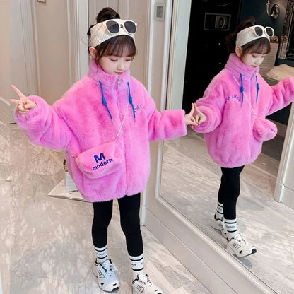 Fake Fur Girls Jacket Winter New Solid Color Letter Print Padded Lining Thick Warm Plush Coats For 5-12Y Kids Fashion Overcoat