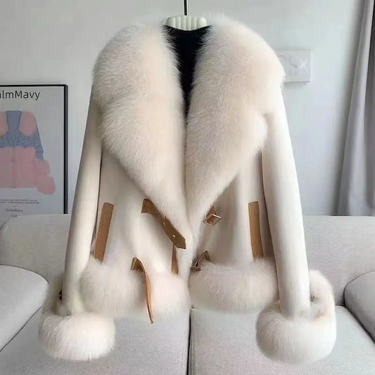 Women Imitation Fox Fur Turn Down Collar Suede Jacket Faux Mink Fur Collar Coat Fur Quilted Coat Cotton Padded Inner Parka Tops